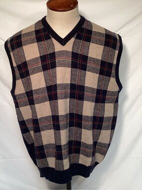 Peter Scott Men’s Beige and Navy Plaid Lambswool Sweater Vest Size Large
